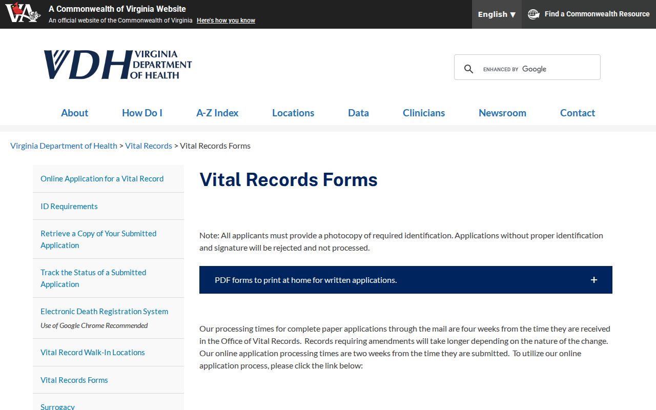 Danville resident lookup Virginia vital-record application forms
